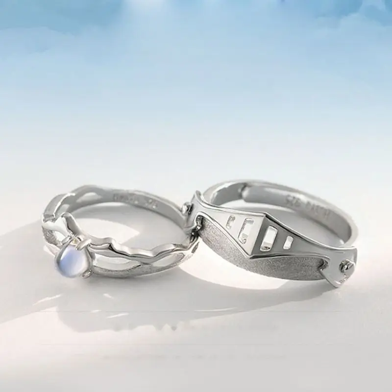 

S925 Silver Plated Moonstone Princess and Knight Open Band Rings Lover Jewelry For Couple