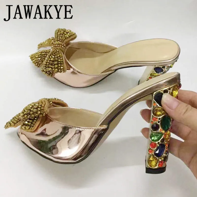 

Sexy Crystal Butterfly Knot Women Sandals Peep Toe Diamond Studded High Heels Mirror Leather Party Slippers Runway Summer Shoes