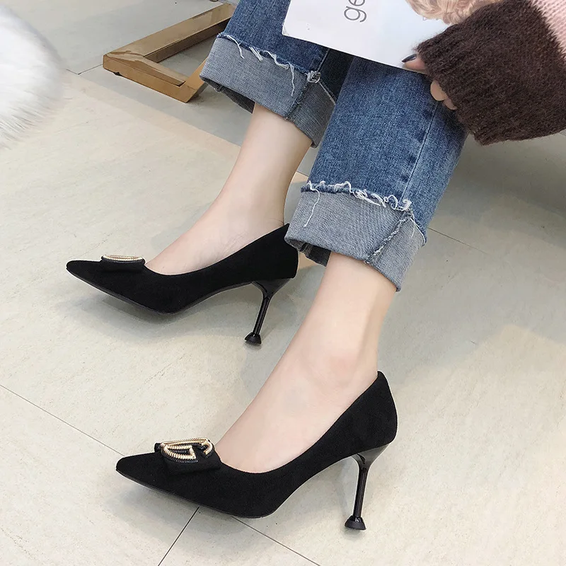 

Mylar Spring And Autumn New Style Thin Heeled Pointed Shoes-Style round Buckle Suede Low-Cut WOMEN'S Shoes