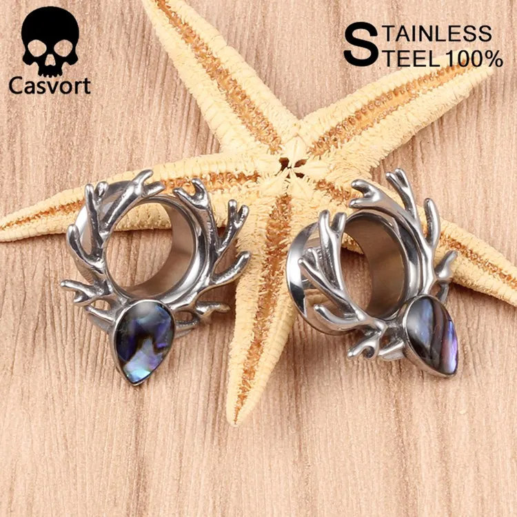 Casvort 10 шт./лот затычки для ушей Олень Логотип ушной туннель разноцветная ракушка из нержавеющей стали серебро и черный пирсинг для ушей пара