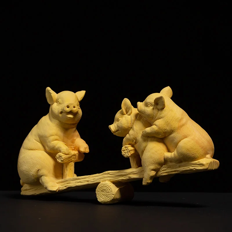 

Three Little Pigs Playing on The Seesaw Boxwood Carving Crafts Creative Home Crafts Business Gifts Bedroom Children Decorations