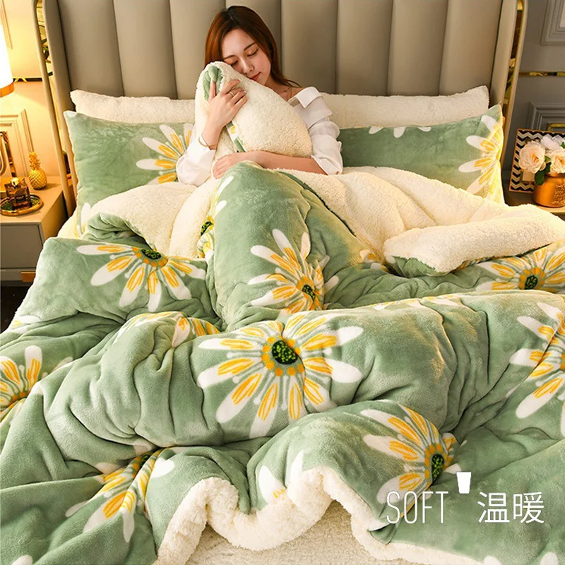 Winter Super Warm Cashmere Quilt Thick Flannel and Lamb Double-faced Velvet Wool Blankets Quilts 3.5kg Comforter for Bed