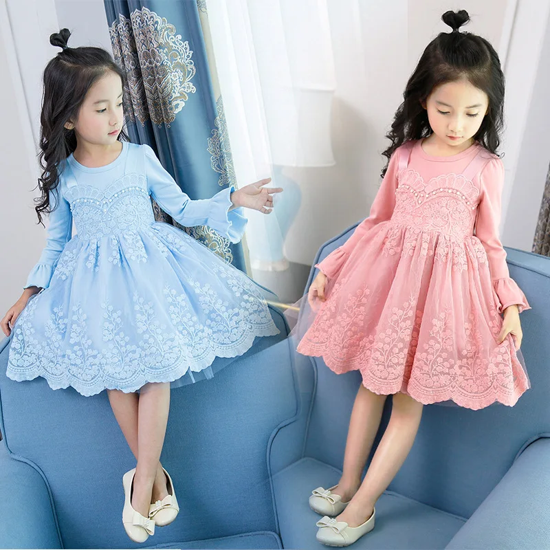 

2019 Origional New Style Medium-small Girls Autumn Clothing Princess Dress Fake Two-Piece Korean-style Mesh Dress Children Shirt