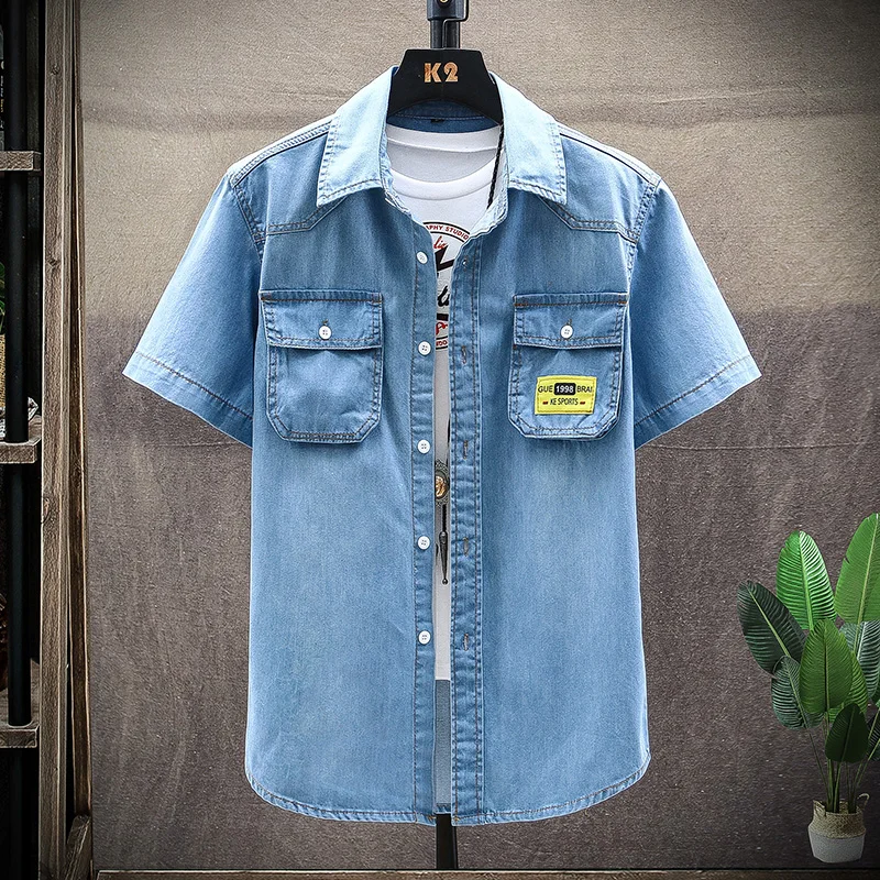 Men's Blue Denim Shirts Short Sleeve Jean Shirts New Summer High