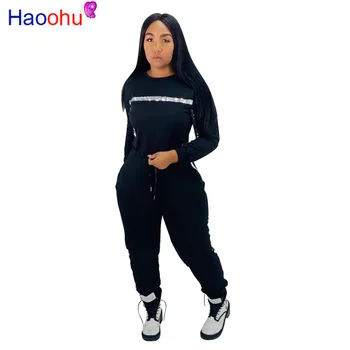 

HAOOHU Rhinestone Two Piece Set Tracksuit Women Long Sleeve Crop Top + Lace Up Pants Fall Casual 2 Piece Outfits Matching Sets