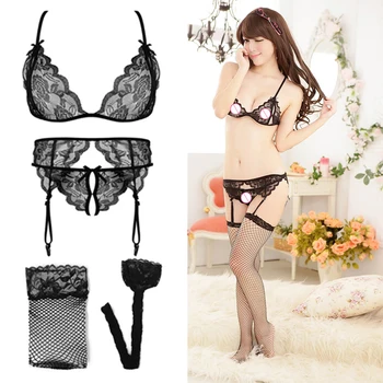 Lace Women Lingerie Set 4 Pcs Sling Open Bra Sexy Wiht Garter Panties Push Up Bra Set Erotic Transparent Underwear Net Stockings 3