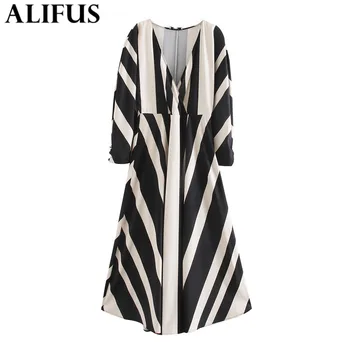 

Fashion Za Women's dress 2020 Casual Stripe Chic V-Collar Long Sleeve Casual Loose Dresses Female Ladies Vestidos