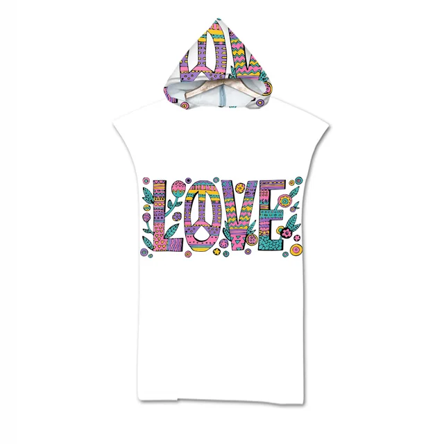 Adult Kids Microfiber Quick Drying Peace and Love Pattern Absorbent Hooded Beach Bath Towel Diving Suit Changing Robes Poncho 18