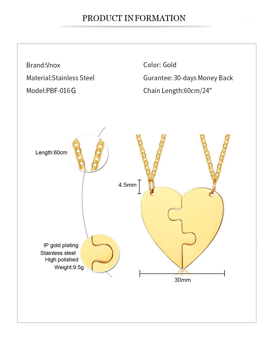 Vnox 2/3/4/5 шт. ожерелья персонализировать имя BFF ожерелья для Для женщин Для мужчин Нержавеющая сталь Сердце Головоломки Кулоны из нержавеющей стали специальный подарок