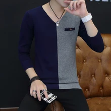 Осенне-зимний мужской хлопковый свитер контрастного цвета с v-образным вырезом, тонкий модный трендовый свитер