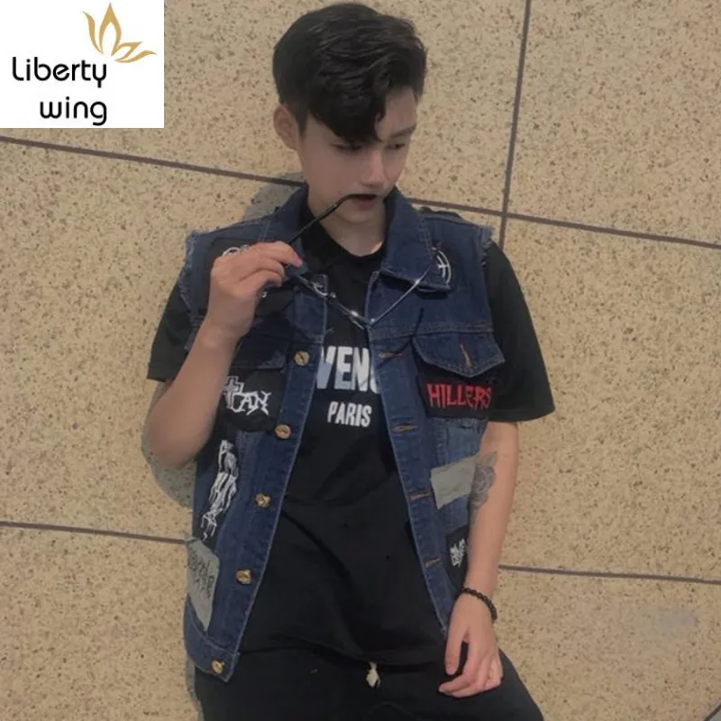 

Spring Summer New Sleeveless Vest Men Denim Waistcoat Korean Slim Fit High Streetwear Hip Hop Jacket Fashion Male Clothes 2020
