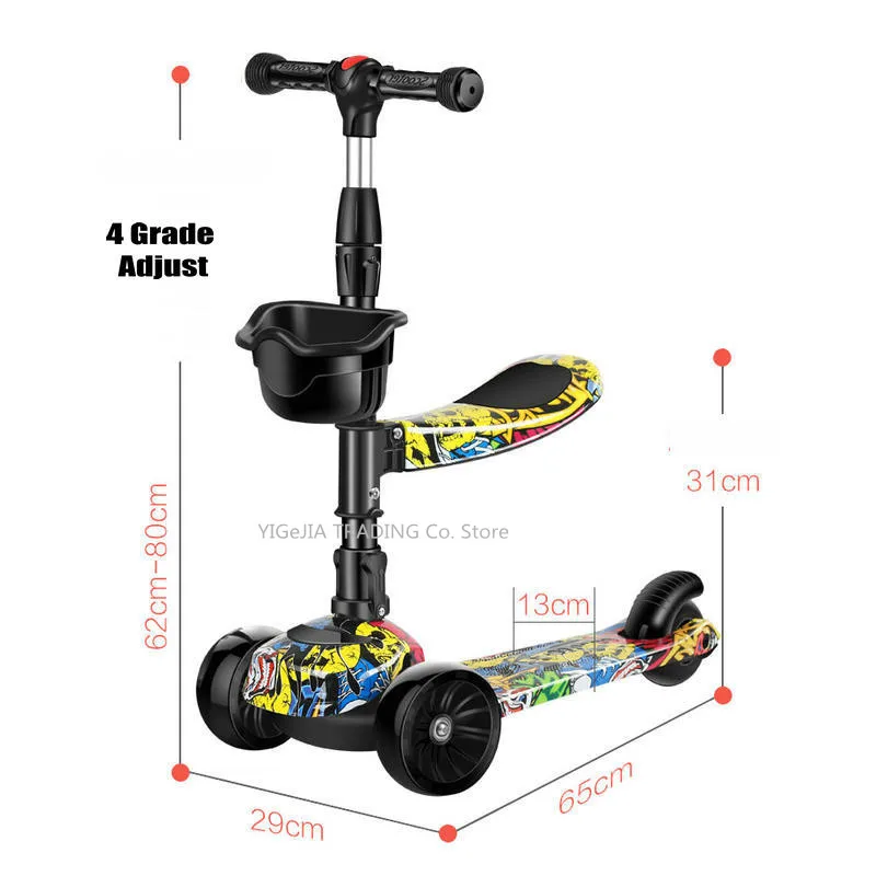 Kick Scooter for 1-10ages Kids, 4 Grade Height Adjustable Scooter with 5cm Widen Wheels, 3-in-1 Foldable Kick