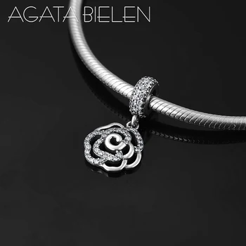 

Fits europeu charms Bracelets Original 925 sterling silver Flower Beads clear CZ romantic rose shape Pendants Jewelry making