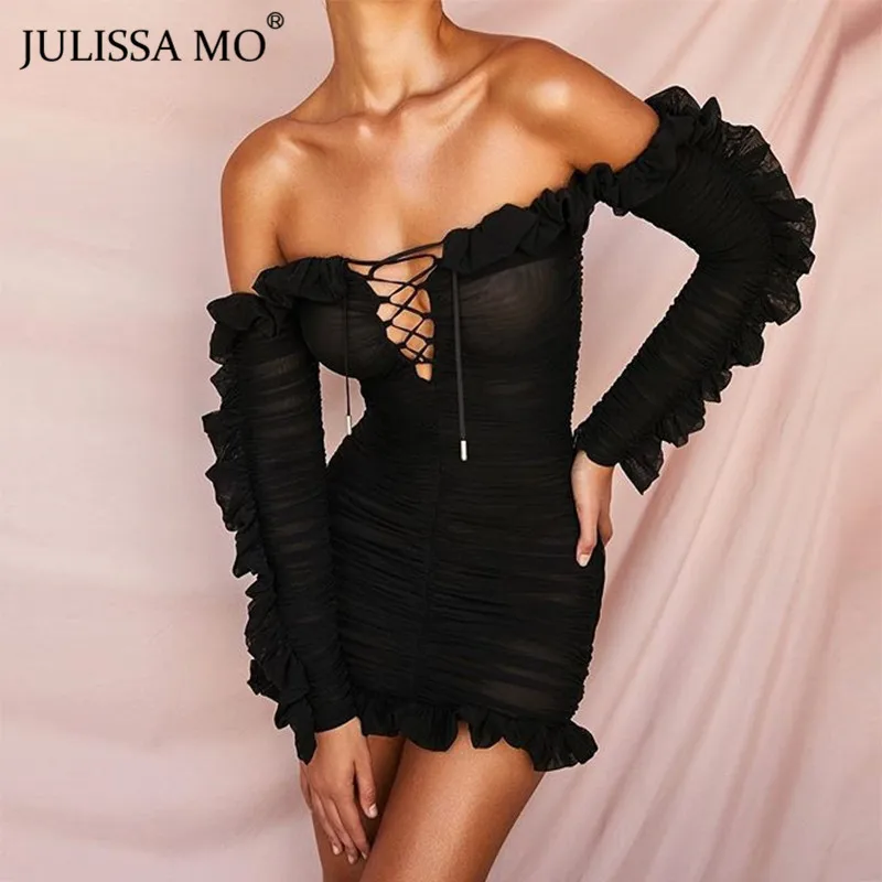 Julissa mo, Двухслойное Сетчатое облегающее платье, Осеннее сексуальное платье с открытыми плечами и оборками, женское модное короткое Клубное платье для вечеринок