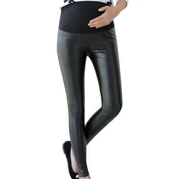 

CYSINCOS Female Warm Pants Maternity PU Leather Pants Pregnant Leggings For Women Elasticity Plus Velvet Waist Adjustable