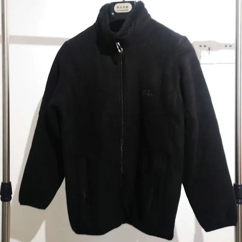 Women Black Polar Fleece Jacket Autumn Winter Cozy Soft Warm Coat Stand Collar Zipper Front Thermal Outerwear
