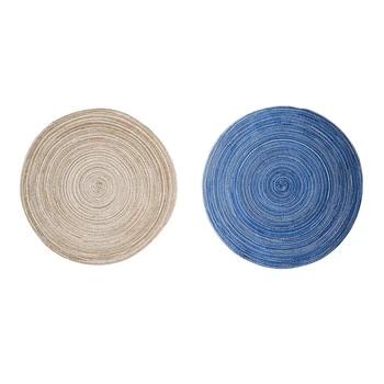 

Promotion! 2 Pcs Family Mat Ramie Insulation Mat Round Placemat Carpet Kitchen Accessories Decoration Home Mat (Beige & Blue)