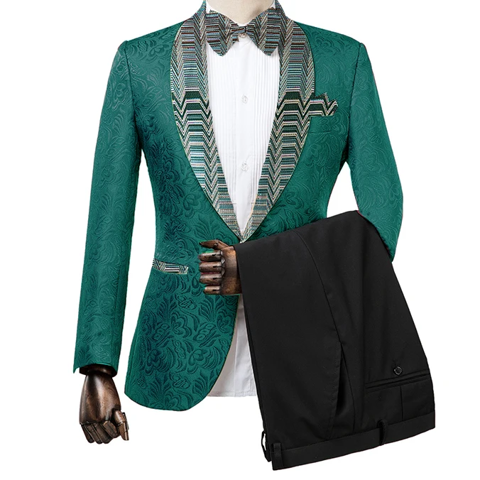 Pants Suit Blazer Jacket Prom-Tuxedos Teal Black Green-Pattern Wedding-Bridegroom Gwenhwyfar