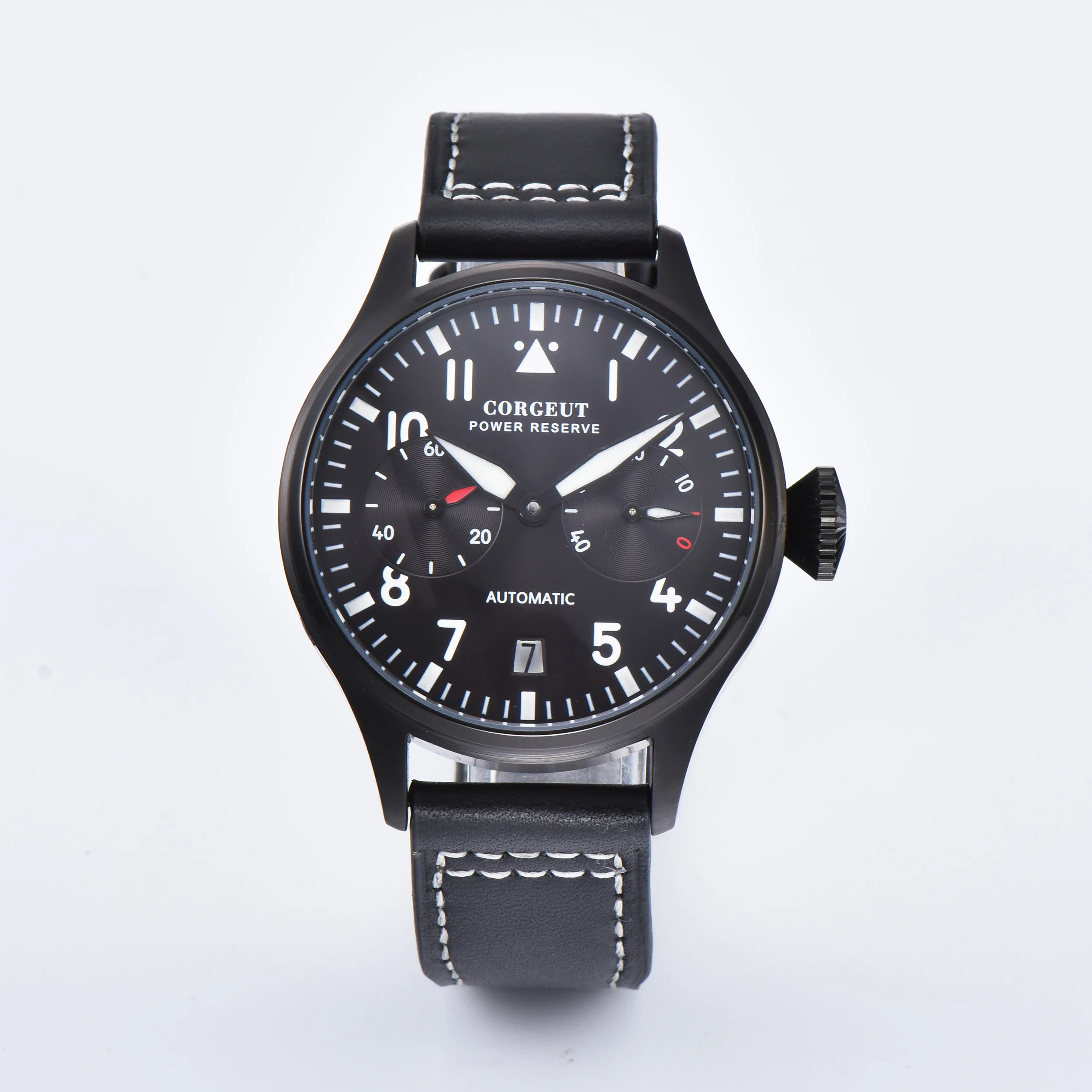 

Corgeut 42mm black dial Power Reserve Date Window black PVD Case Men's Automaitc Watch