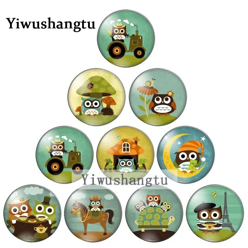 

Cute cartoon owl Watercolor painting 10mm/12mm/20mm/25mm Round photo glass cabochon demo flat back Making findings