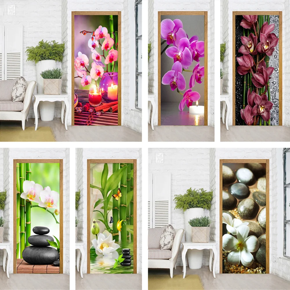Flowers Stone Bamboo PVC Wallpapers On Door Self-adhesive Mural Poster For Living Room Closet Sticker Decal deursticker | Дом и сад