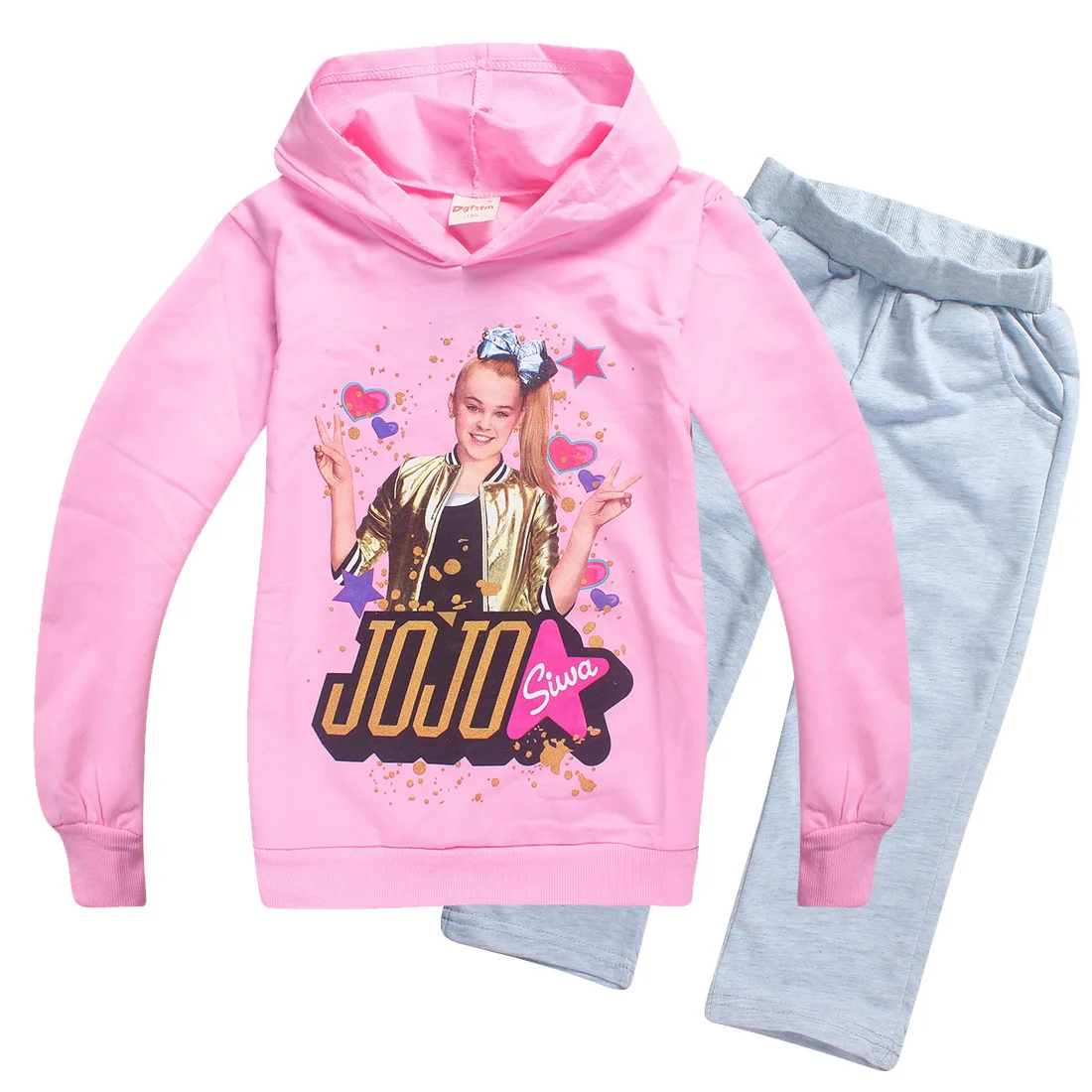 JOJO siwa/весенне-Осенняя детская хлопковая футболка с длинными рукавами и рисунком для девочек толстовка с капюшоном+ штаны, детский спортивный костюм, одежда - Цвет: 7221setPink