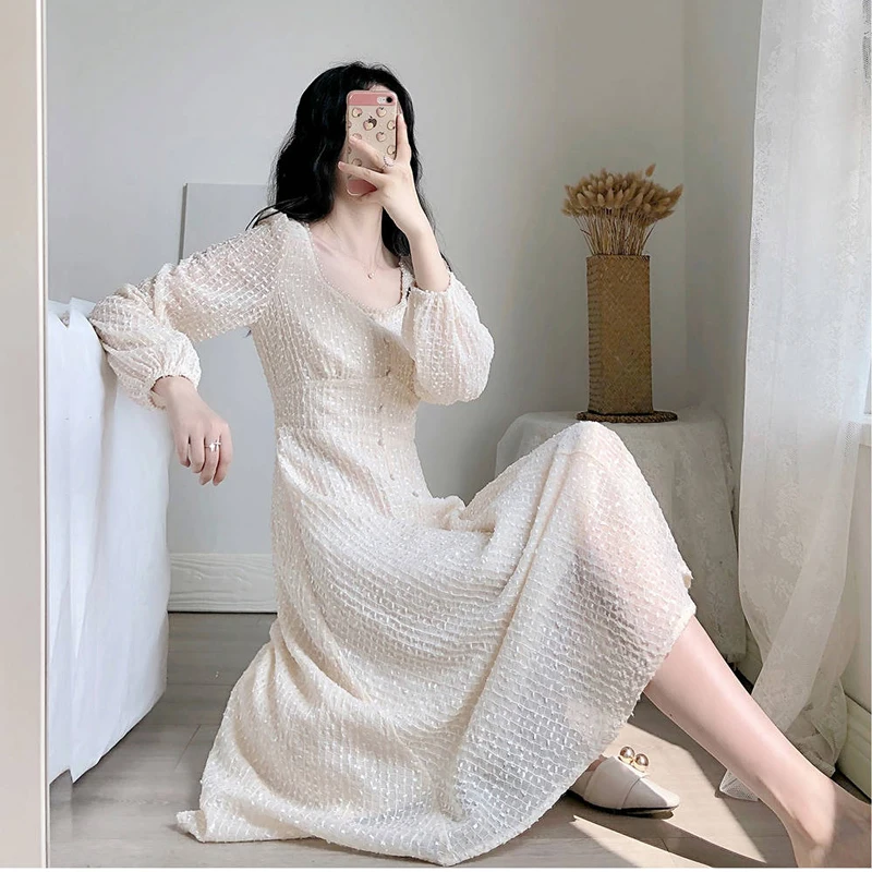 Bella Philosophy Новое Осеннее однотонное женское элегантное платье женское платье с высокой талией и квадратным воротником женское белое ТРАПЕЦИЕВИДНОЕ ПЛАТЬЕ