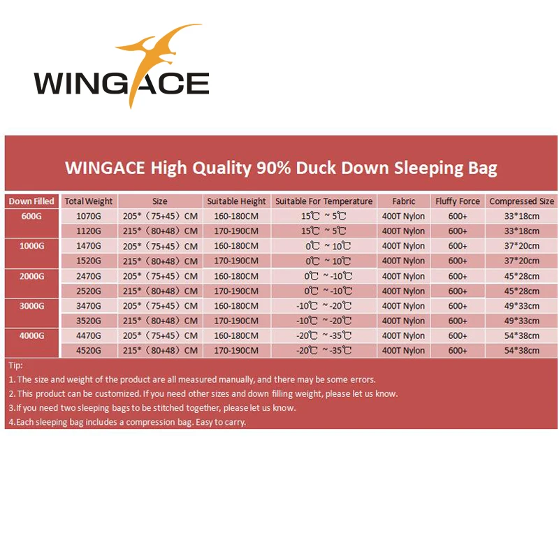 WINGACE 400T Nylon Adult Sleeping Bag Winter Fill 2000G 3000G 4000G Duck Down Sleeping Bags Camping Outdoor Travel Accessories