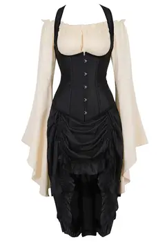 

Grebrafan Steel Boned Corset Underbust with Pirate Skirt and Blouse 3 Piece Carnival Party Cowgirl Costume Steampunk