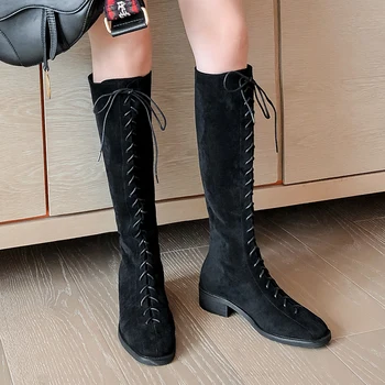 

Women's genuine leather lace-up flats knee high knight boots square toe female winter warm plush motorcycle long boots shoes hot