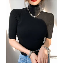 

2021 Autumn Turtleneck Tops Short Sleeve Slim Tshirt Women Korean Style Basic Elasticity Tee Shirt Femme Jumper Mujer Camisetas