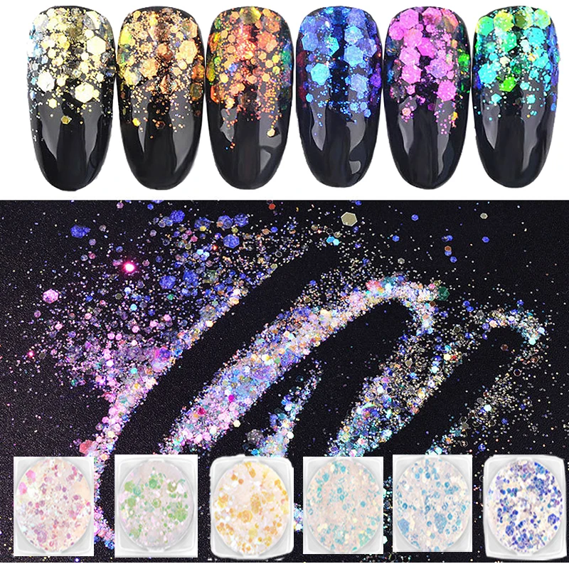 

1Set=6Box Nail Sparkly Hexagon Flake 6-Color Iridescence Loose Chunky Mix-Size Flakes Spangle Manicure Glitter Decoration Flakes