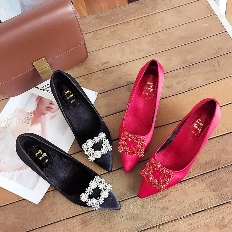 

2019 New Style Sweet Autumn High Heel Shoes Square Buckle Man-made Diamond Silk Fabrics Bridesmaid Shoes Bride Red Wedding Shoes