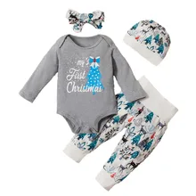 ARLONEET/Рождественский комплект из 4 предметов для маленьких девочек и мальчиков, комбинезон, Топы+ штаны+ шапочка+ повязка на голову Рождественский костюм Санты CO08