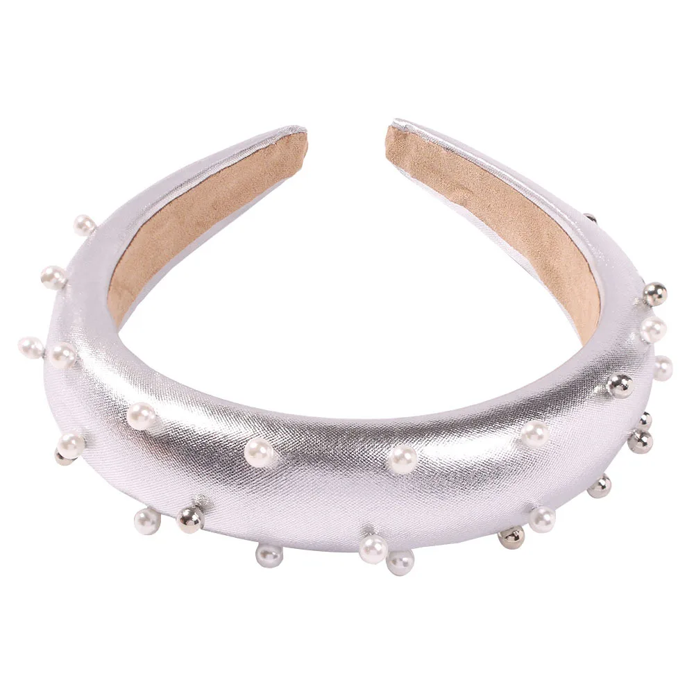 Pearl Padded Headband PU Leather Thicken Headaband Vintage Wide Hard Headaband for Women Hair Accessories
