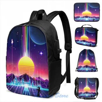 

Funny Graphic print retrowave USB Charge Backpack men School bags Women bag Travel laptop bag