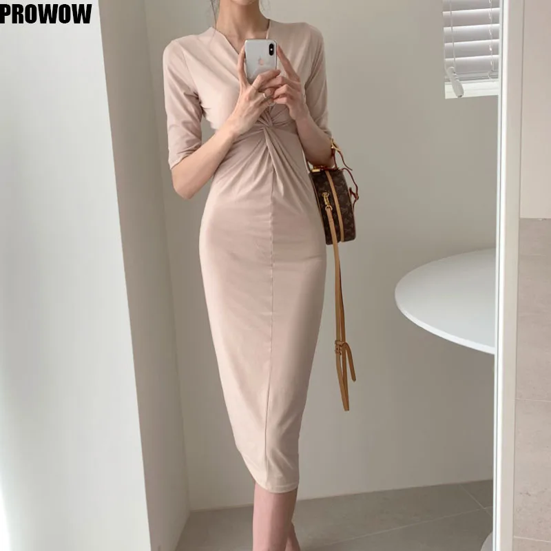 2020 Dress Ladies Summer Retro Cotton Dress Korean Elegant Office V-Neck Slim Fold Bag Hip Waist Slimming Mid Dress Women