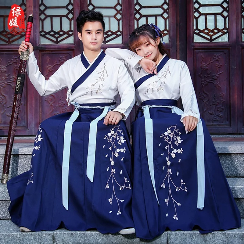 Синий Hanfu костюм для классических танцев певцы сценическая одежда пара Восточный народный наряд Китайская национальная одежда для выступлений DC2598
