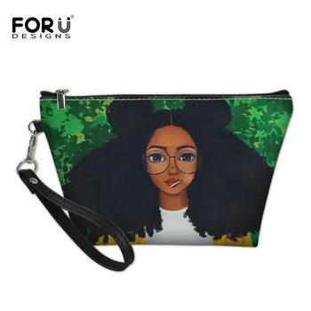 

FORUDESIGNS African Black Women Print Cosmetic Bag Zipper Mini Portable Travel Storage Bags Makeup Handbag Organizer Case Ladies