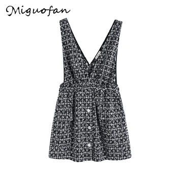 

Miguofan Tweed Blend Dress v neck Strap Plaid dress Buttons Women Dress Autumndresses Female vestidos Overall Mini Tank Dresses