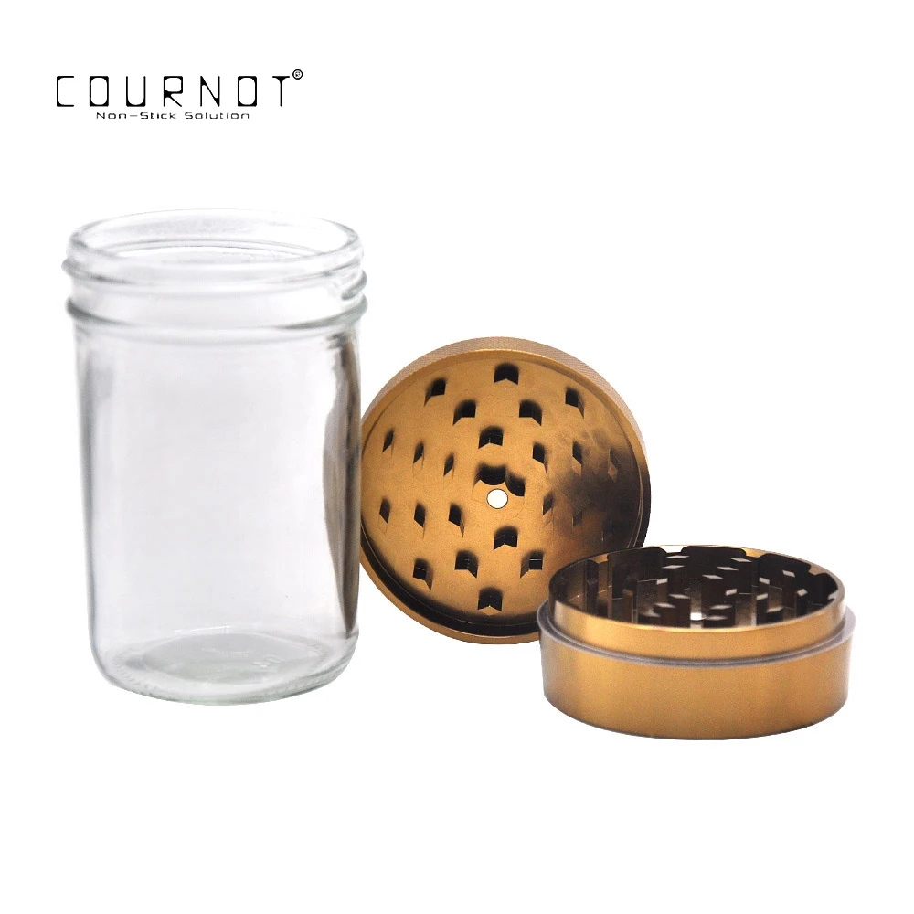 

COURNOT Aircraft Aluminum Smoking Herb Grinder With Big Glass Stash Storage Jar 75MM 2 Piece Metal Tobacco Grinder Accessories