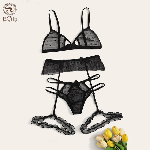 LEECHEE New Mesh Sexy kobiety bielizna 3 sztuk biustonosz zestaw drążą stanik przezroczysta bielizna zestaw Polka Dot S-2XL biustonosz i figi zestaw 1