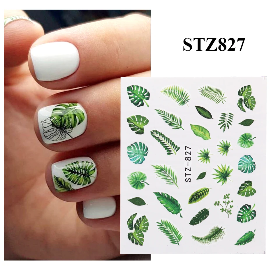 Nail Stickers 1pc Black Green Flower Leaf Water Nail Stickers Decals Mixed Floral Watermarks Manicure Sliders Nail Art Decoration NFSTZ808-844