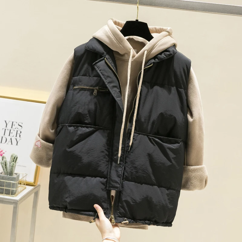  Fashion Casual Winter Vest Coat Women Solid White Black Sleeveless Zipper Fly Vintage Jacket Female