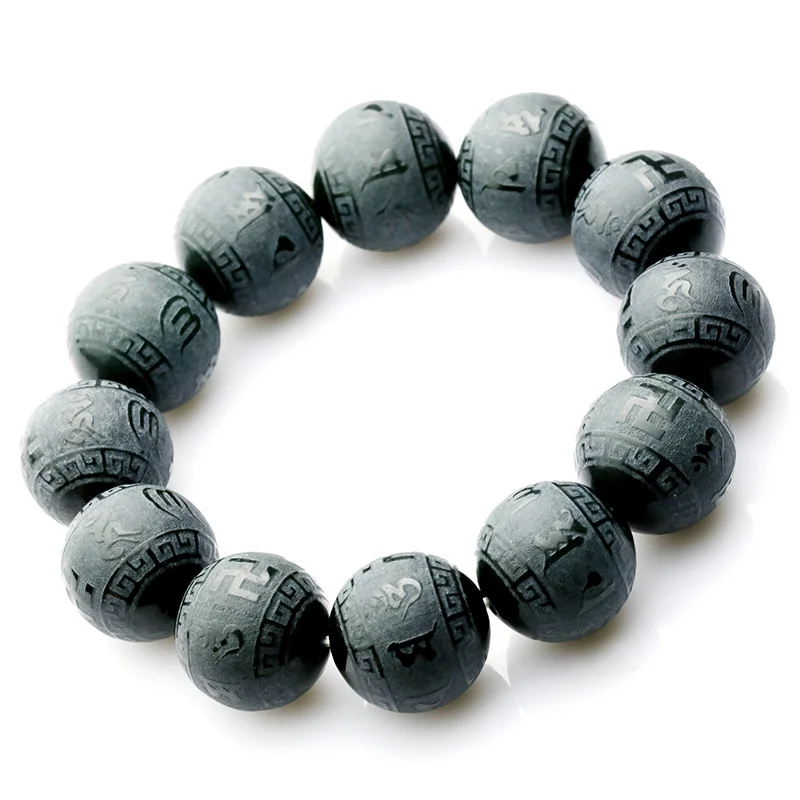 Natural XinJiang HeTian Jade Dragon beads Bracelets Lucky Amulet Stone Round Beads Six-word Mantra Bracelet For Women Men | Украшения и