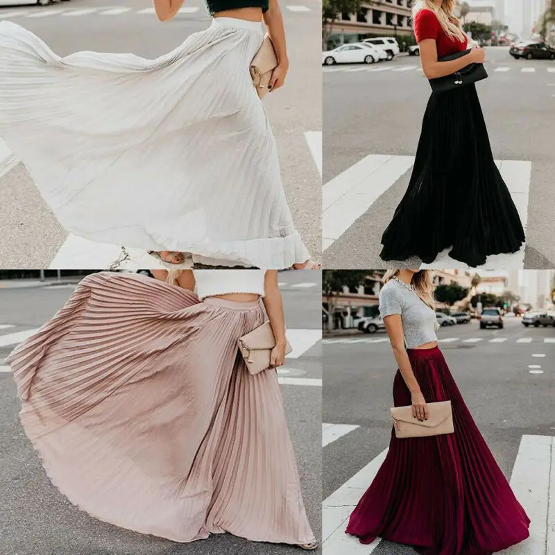 Модная Осенняя женская шифоновая Длинная пляжная плиссированная юбка в стиле бохо, Повседневный сарафан, новая одежда