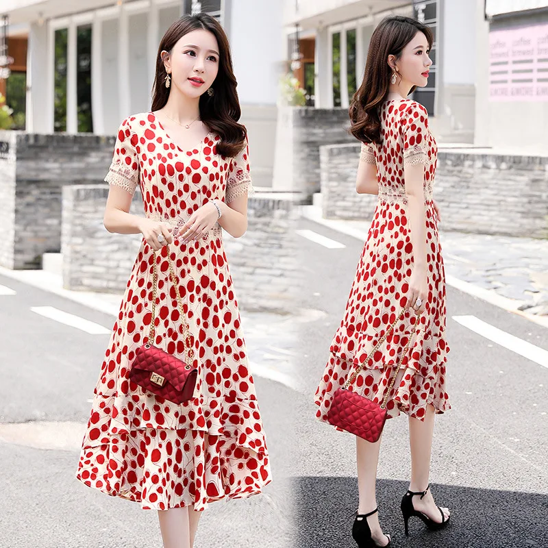 

Polka Dot Chiffon Dress Women's 2019 New Style Summer Wear Popular Lace Waist Hugging Slimming Elegant V-neck Skirt