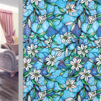 

Lily Pattern Stained Window Sticker Static Cling Privacy Protection Multiple Size Sun-Blocking Window Covering 17.77''by78.7''