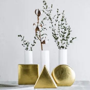 

CERAMIC DECORATIVE GEOMETRIC VASE WHITE GOLD SQUARE FLOWER ARRANGEMENT QUALITY ROUND SMALL MOUTH FLOWER POT WEDDING PARTY DECOR