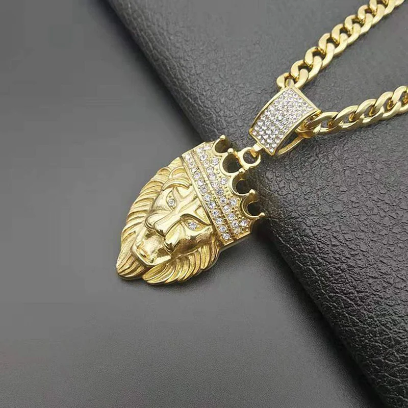 Хип хоп Bling Iced Out Стразы Золото Нержавеющая сталь корона лев Подвески ожерелье для мужчин рэппер ювелирные изделия 7 мм 61 см кубинская цепь
